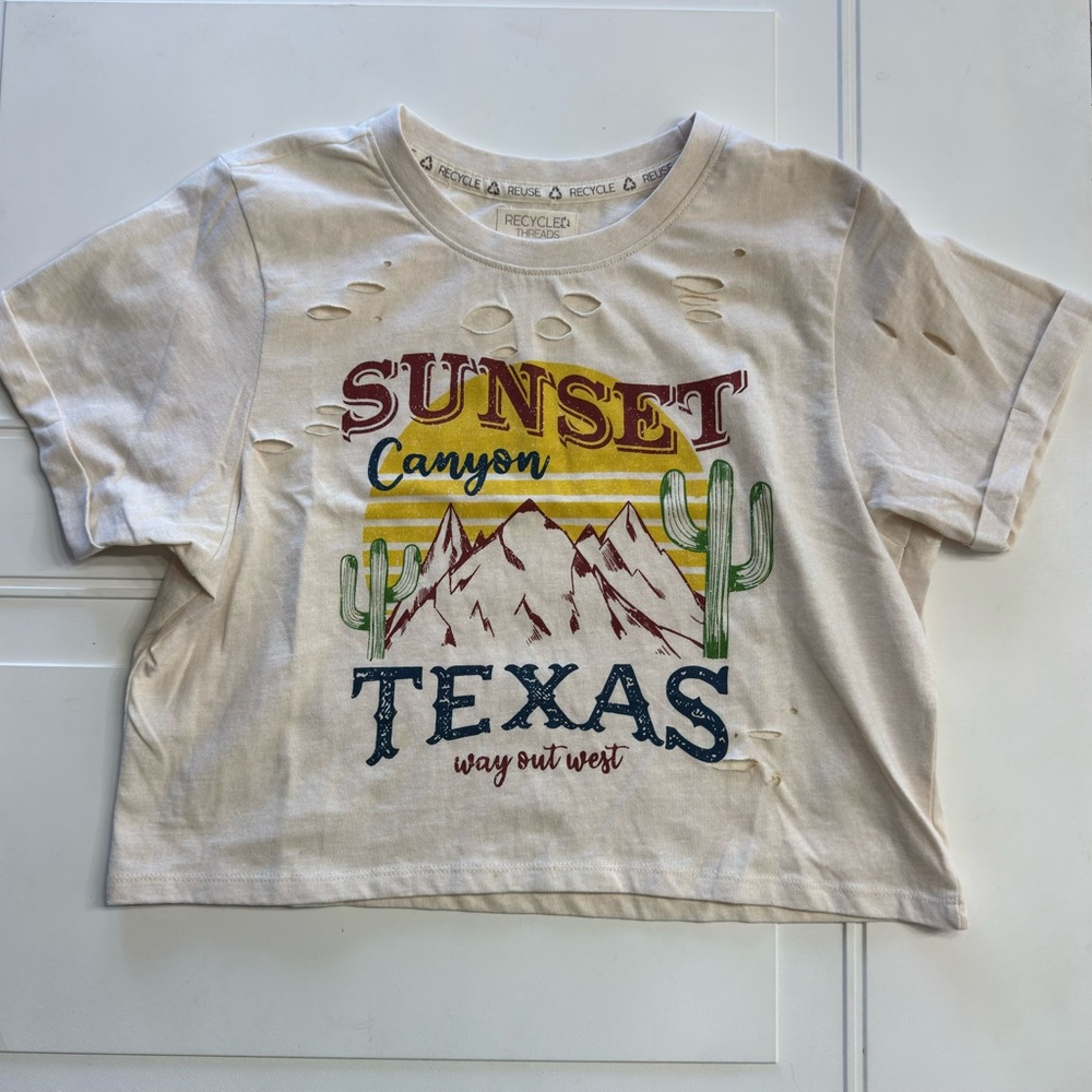 Recycled Threads Womens M Cream Sunset Canyon Texas Distressed Crop Tee T Shirt